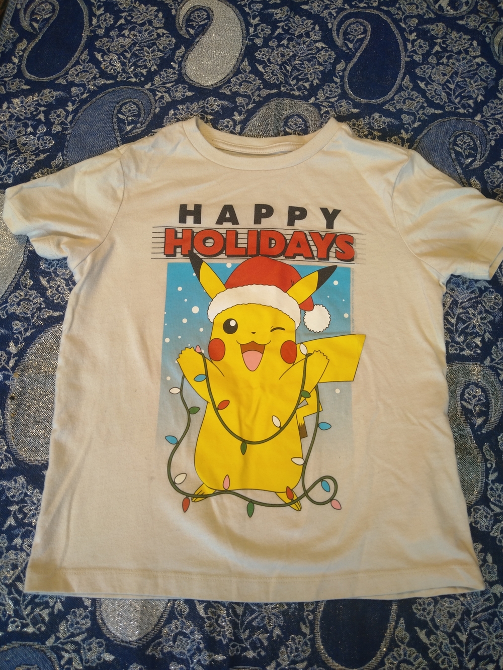 Old Navy White Pikachu Happy Holidays Graphic Tee